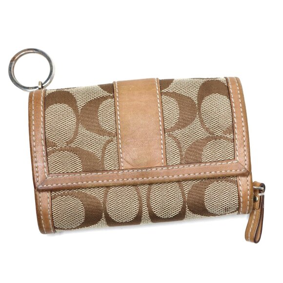 COACH Signature Y2K Canvas Bi Fold Wallet Khaki Brown Leather Trim Coins Keyring - Picture 3 of 13